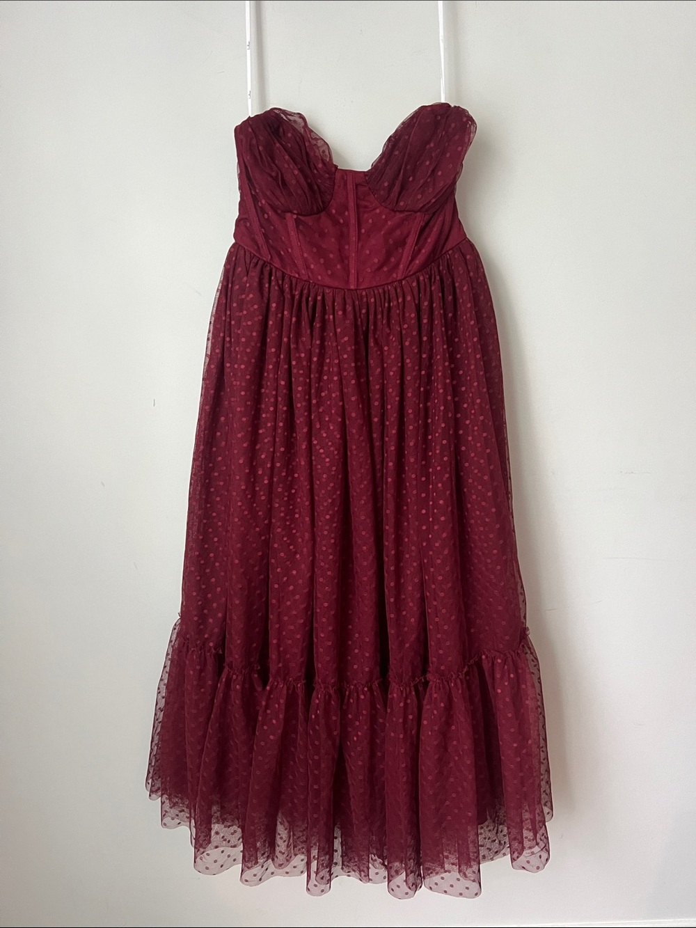 Lulus Burgundy Swiss Dot Tulle Midi Dress S ♟️